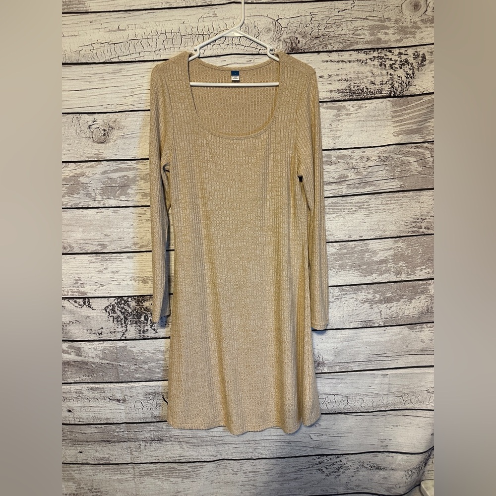 Old Navy Ribbed Knit Shift Dress Beige Tan Long Sleeve Size Large